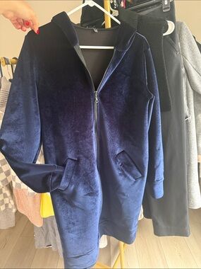 Plush Zip-Front Hooded Coat - Navy Blue